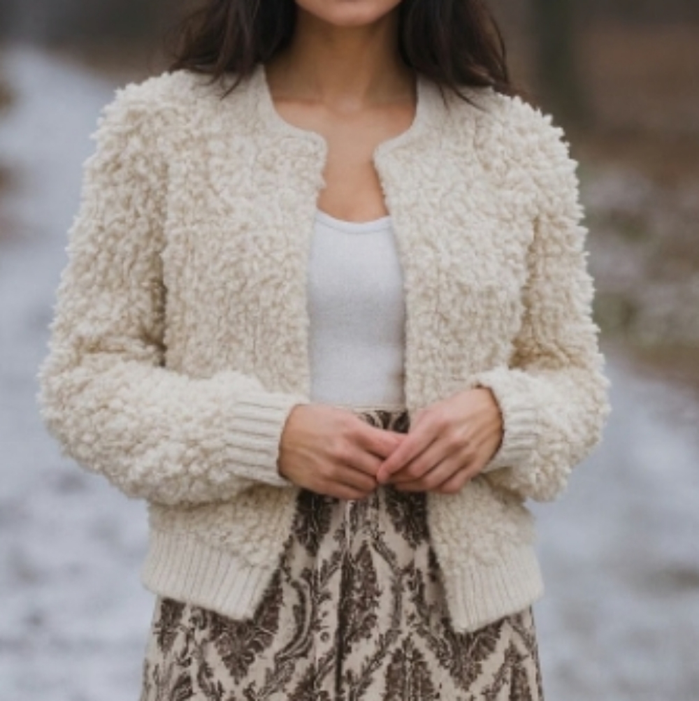 Roller Rabbit Faux Fur Shaggy Open Front Cream Cardigan. Size XS/S